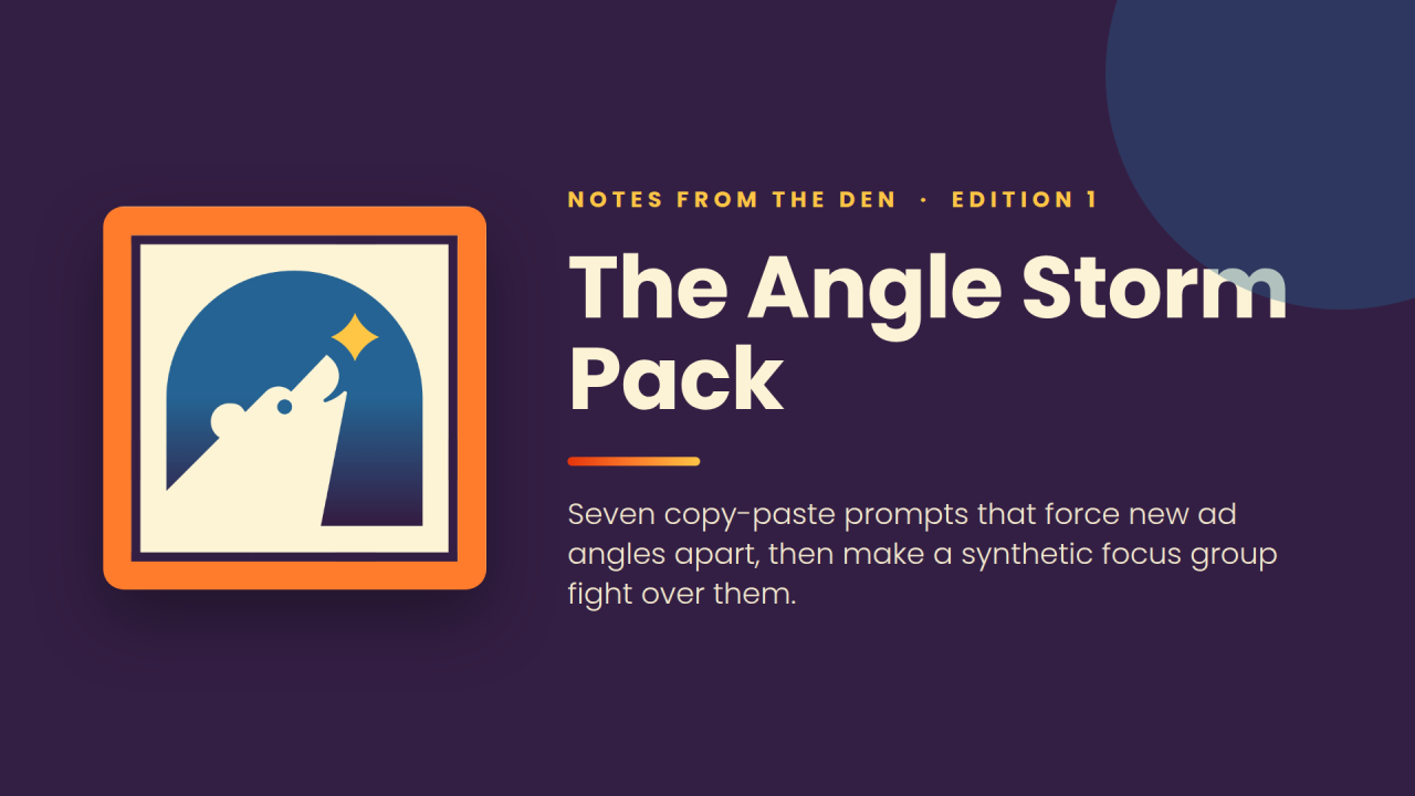 Notes from the Den, edition 1: The Angle Storm Pack. Seven copy-paste prompts that force new ad angles apart, then make a synthetic focus group fight over them.