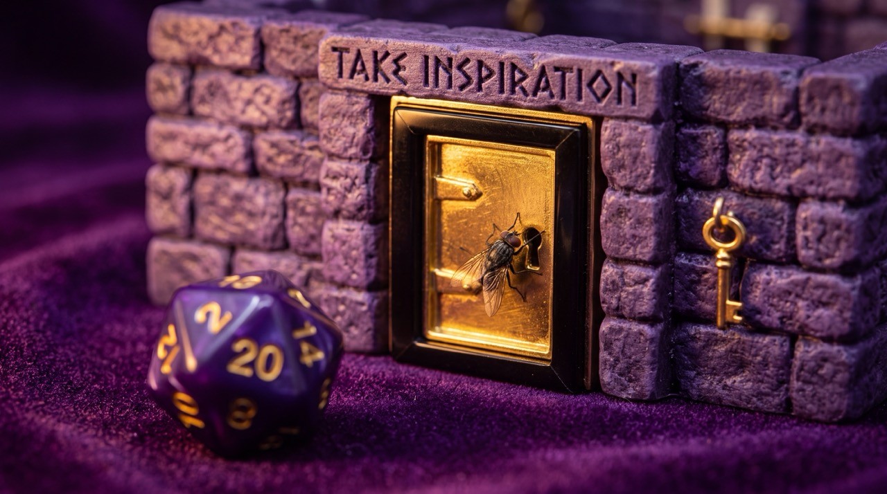 A small gold door in a purple stone wall marked Take Inspiration, with a housefly on the keyhole, a key on the wall and a d20 beside it