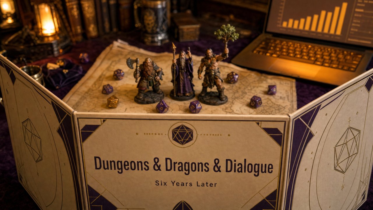 A DM screen titled Dungeons & Dragons & Dialogue, Six Years Later, with miniatures, dice and a laptop showing a rising chart
