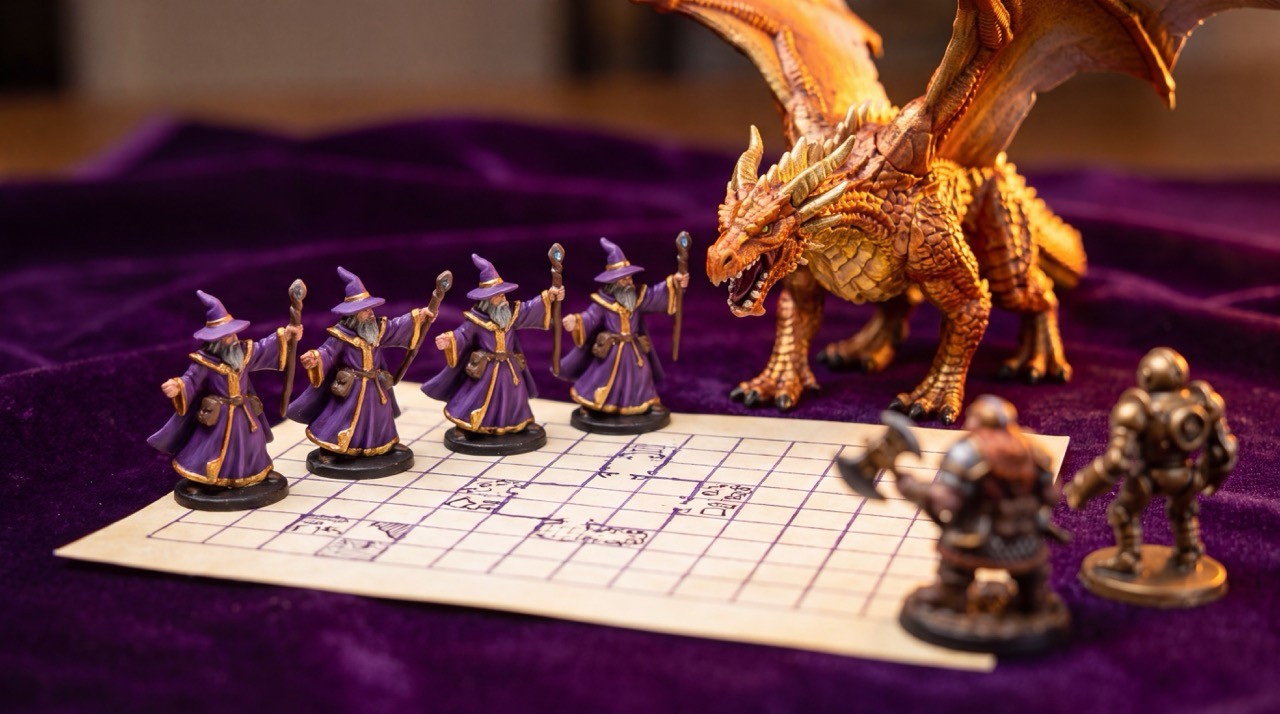 Four wizard miniatures and two armored dwarves facing a golden dragon on a battle grid