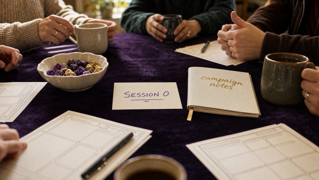 Players around a table with coffee, character sheets, a Session 0 card and a campaign notes book