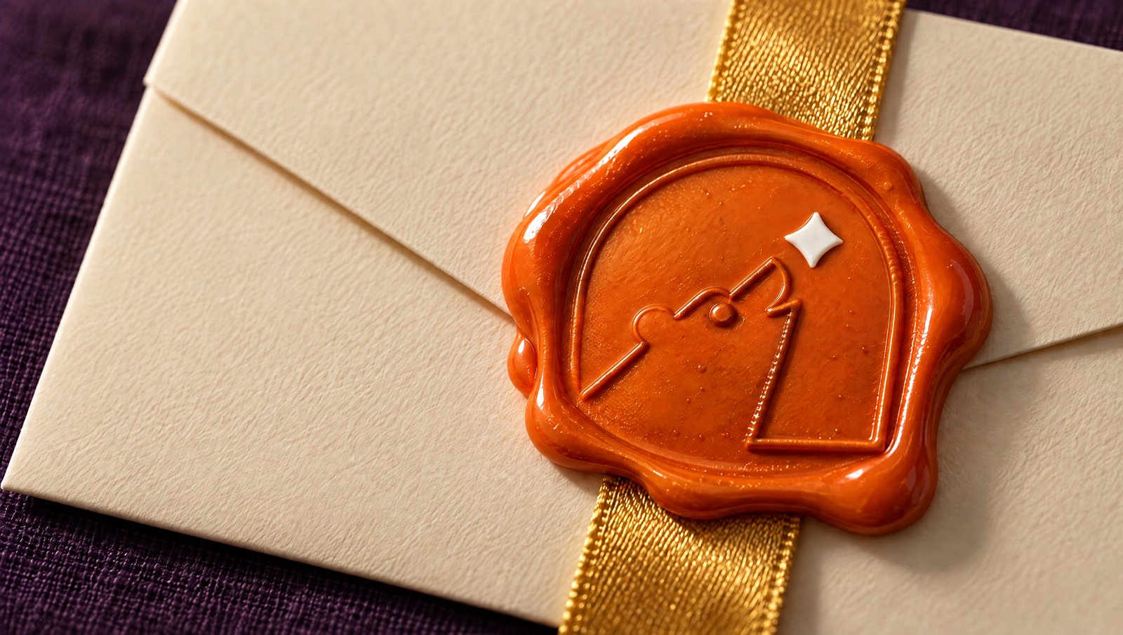 A cream envelope on purple linen, closed with an orange wax seal pressed with The Growth Den bear and star, over a gold ribbon