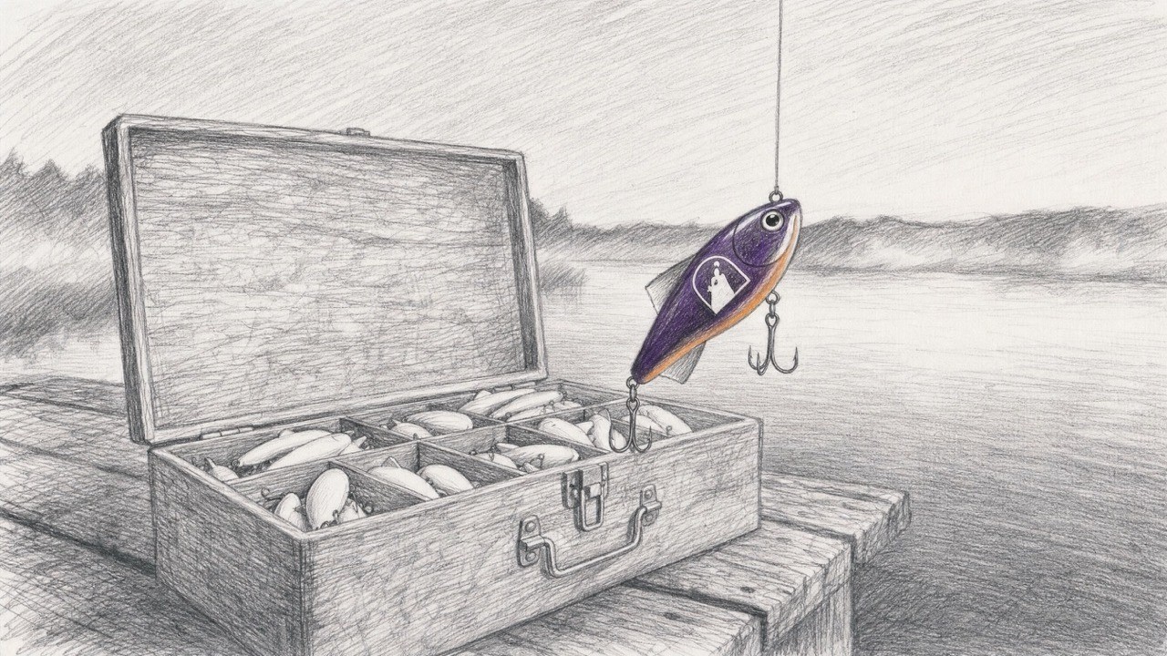 A pencil sketch of an open tackle box full of plain white lures on a dock, with one purple and orange lure hanging from a line over the water